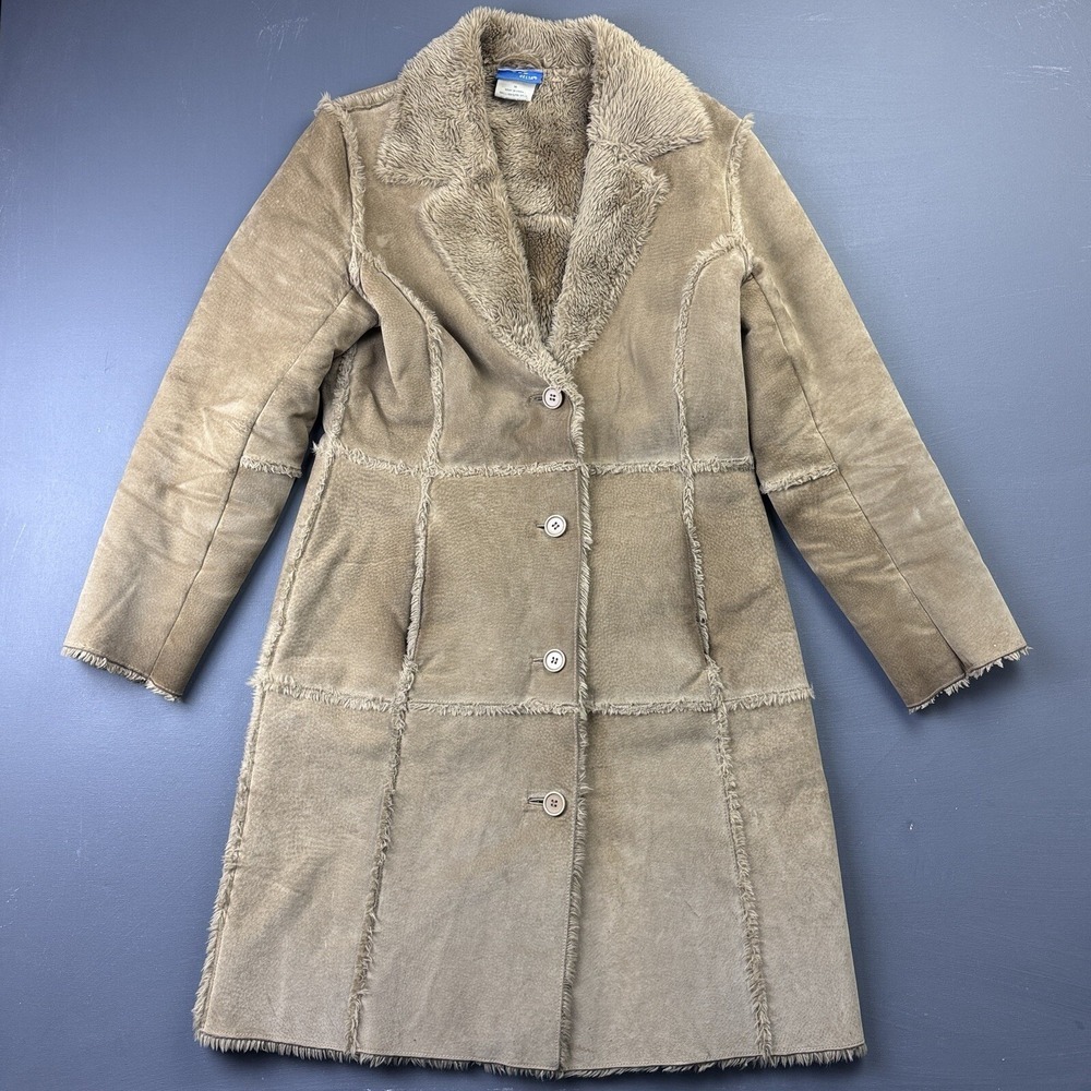 Delia's Women's Size M Brown Faux Suede Shearling Coat Long Jacket Faux Fur Y2K